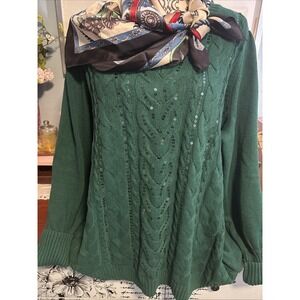 Kim Gravel Christmas Green Sweater With Talbots Silk Scarf.  XL Perfect Pairing